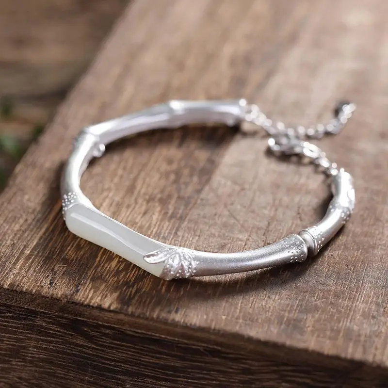 S925 Sterling Silver Bamboo Natural Hetian Jade Bracelet Retro Chinese Style Ethnic Style Open Women's Bracelet Silver Accessori
S925 Sterling Silver Bamboo Natural Hetian Jade Bracelet Retro Chinese Style Ethnic Style Open Women's Bracelet Silver Accessori