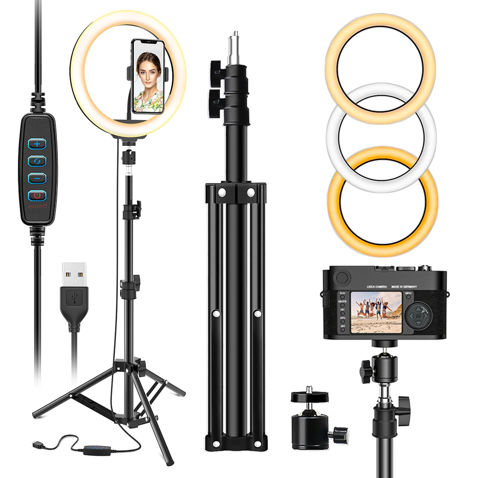 10'' Selfie Ring Light Stand with Phone Holder Dimmable 3 Colors Adjustable Makeup Light 17" to 53" Vlogs, Selfies, Makeup, Liv
10'' Selfie Ring Light Stand with Phone Holder Dimmable 3 Colors Adjustable Makeup Light 17" to 53" Vlogs, Selfies, Makeup, Liv