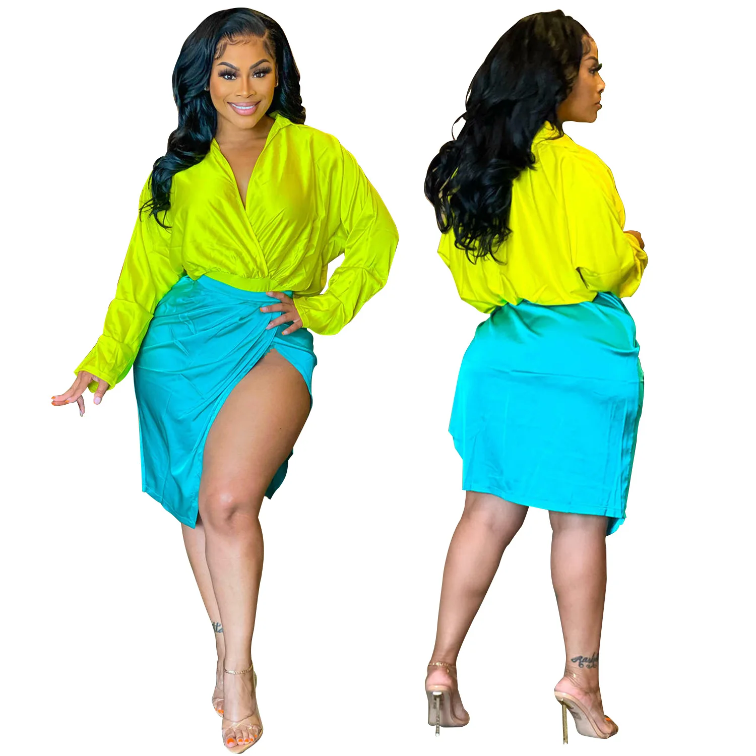 Sexy Satin High Split Skirt Sets Women Long Sleeve Fluorescent Yellow Shirt Top and Blue Knee Skirt Autumn 2 Piece Club Outfits
Sexy Satin High Split Skirt Sets Women Long Sleeve Fluorescent Yellow Shirt Top and Blue Knee Skirt Autumn 2 Piece Club Outfits