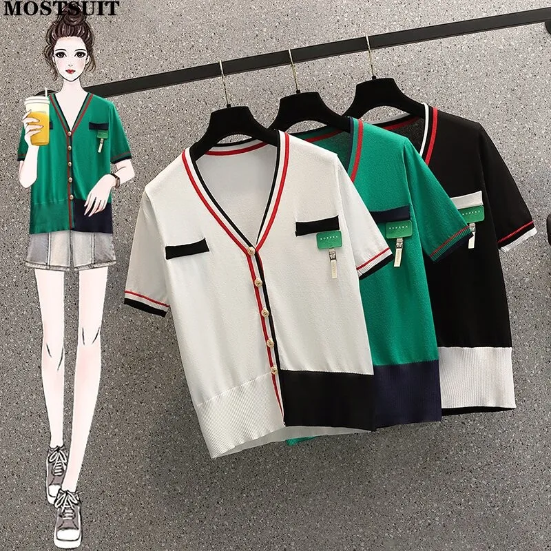 Summer Striped Knit Sweater T Shirt For Women Single-breasted V-neck Loose Tees Pullover Short Sleeve Fashion Chic Women's Tops
Summer Striped Knit Sweater T Shirt For Women Single-breasted V-neck Loose Tees Pullover Short Sleeve Fashion Chic Women's Tops