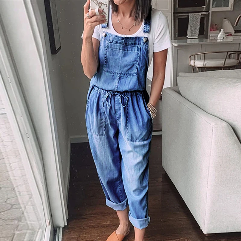 

Fashion 2021 Overall Bodysuit Playsuit Sleeveless Denim High Waisted Wide Playsuits Beach Overalls for Women Jumpsuit Mono Mujer