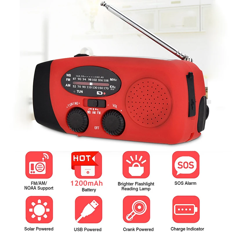 1200mAh Solar Hand Crank RADIO Mini Portable AM/FM/WB Weather Radio With LED Flashlight and Power Bank USB Charger Outdoor 
1200mAh Solar Hand Crank RADIO Mini Portable AM/FM/WB Weather Radio With LED Flashlight and Power Bank USB Charger Outdoor