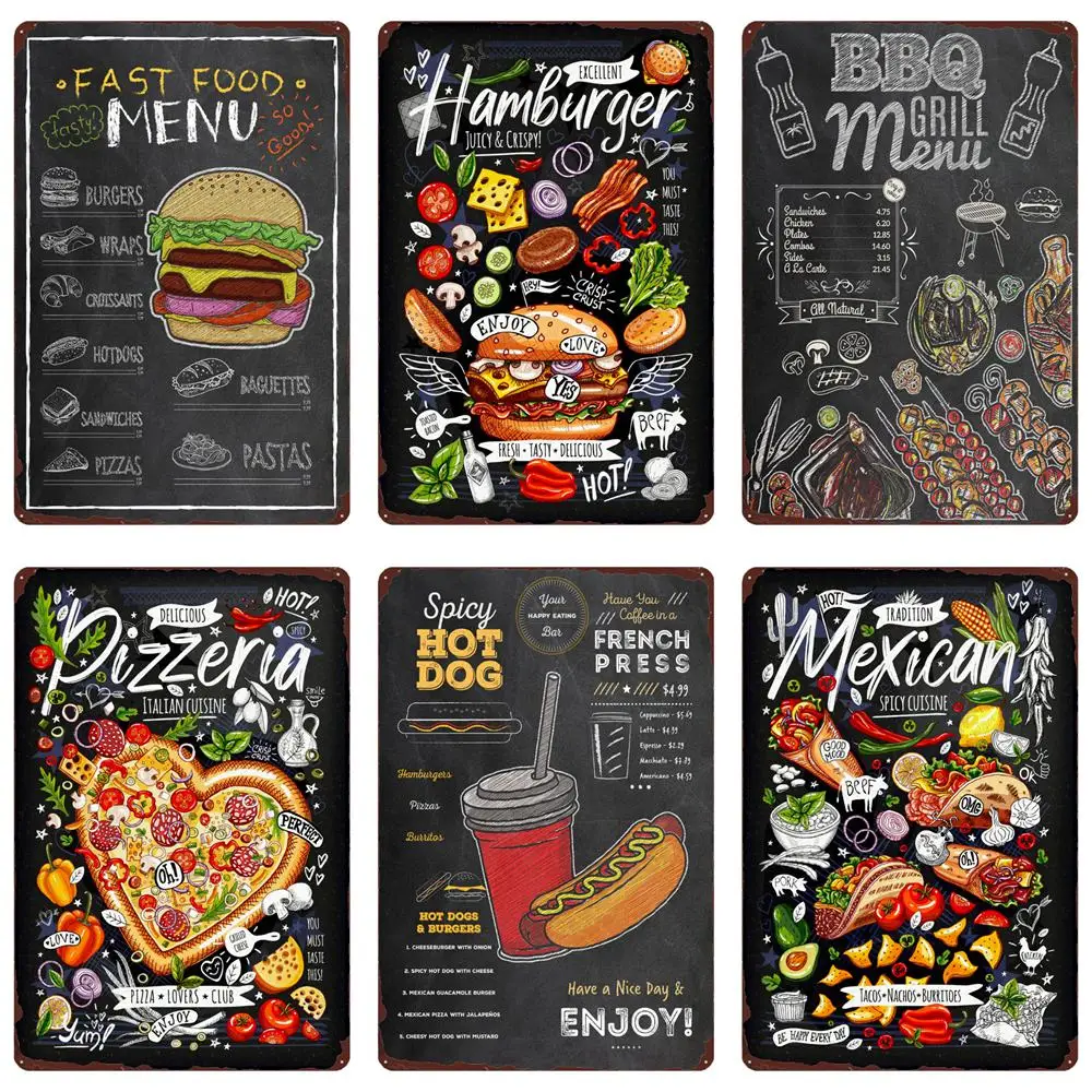 Fast Food Menu Vintage Tin Sign BBQ Menu Metal Poster Burgers Pizza Wall Decoration for Party Ktichen Restaurant Home Decor
Fast Food Menu Vintage Tin Sign BBQ Menu Metal Poster Burgers Pizza Wall Decoration for Party Ktichen Restaurant Home Decor
