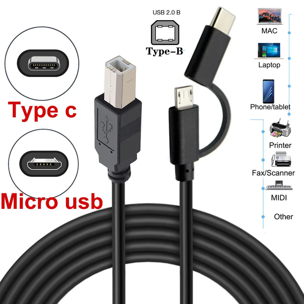 Кабель OTG Micro Usb 2 0 + TYPE C папа-USB Type-B папа для сканера электронного пианино и