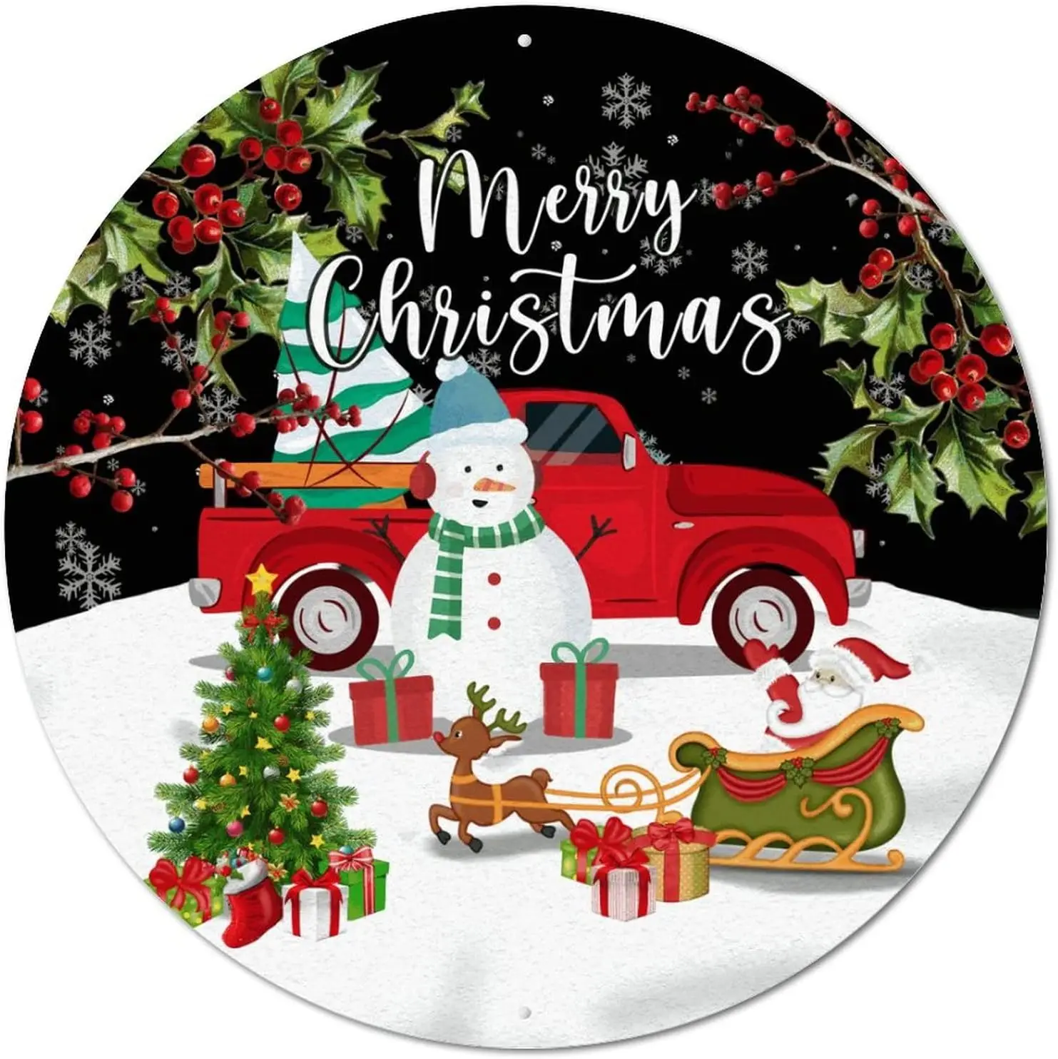 

Round Metal Tin Sign Plaque Merry Christmas Snowman And Santa Circle Wreath Sign Vintage Wall Room Sign Plaque Rustic
