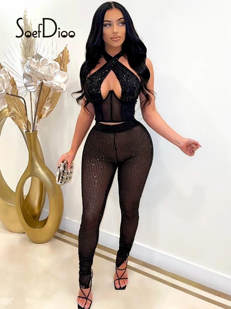 Soefdioo Sequins Black Sheer Mesh Crop Tank Top and Pencil Pants Two Piece Set Women Summer 2022 Sexy Club Outfits
Soefdioo Sequins Black Sheer Mesh Crop Tank Top and Pencil Pants Two Piece Set Women Summer 2022 Sexy Club Outfits