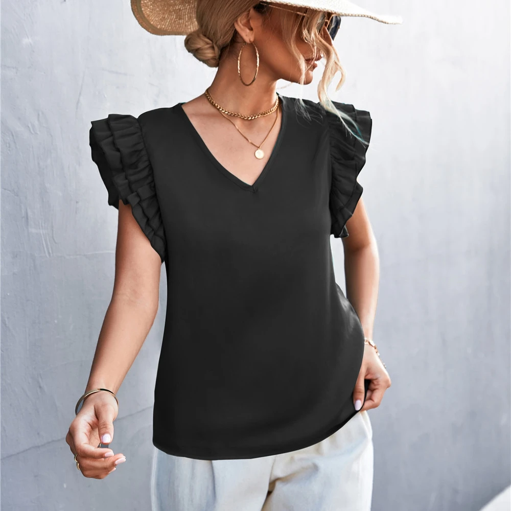 Women Fashion Chic T-Shirt Solid Color Ruffle Short Sleeve Patchwork Slim Pullover Elegant Western Style Lady T-shirt For Summer
Women Fashion Chic T-Shirt Solid Color Ruffle Short Sleeve Patchwork Slim Pullover Elegant Western Style Lady T-shirt For Summer