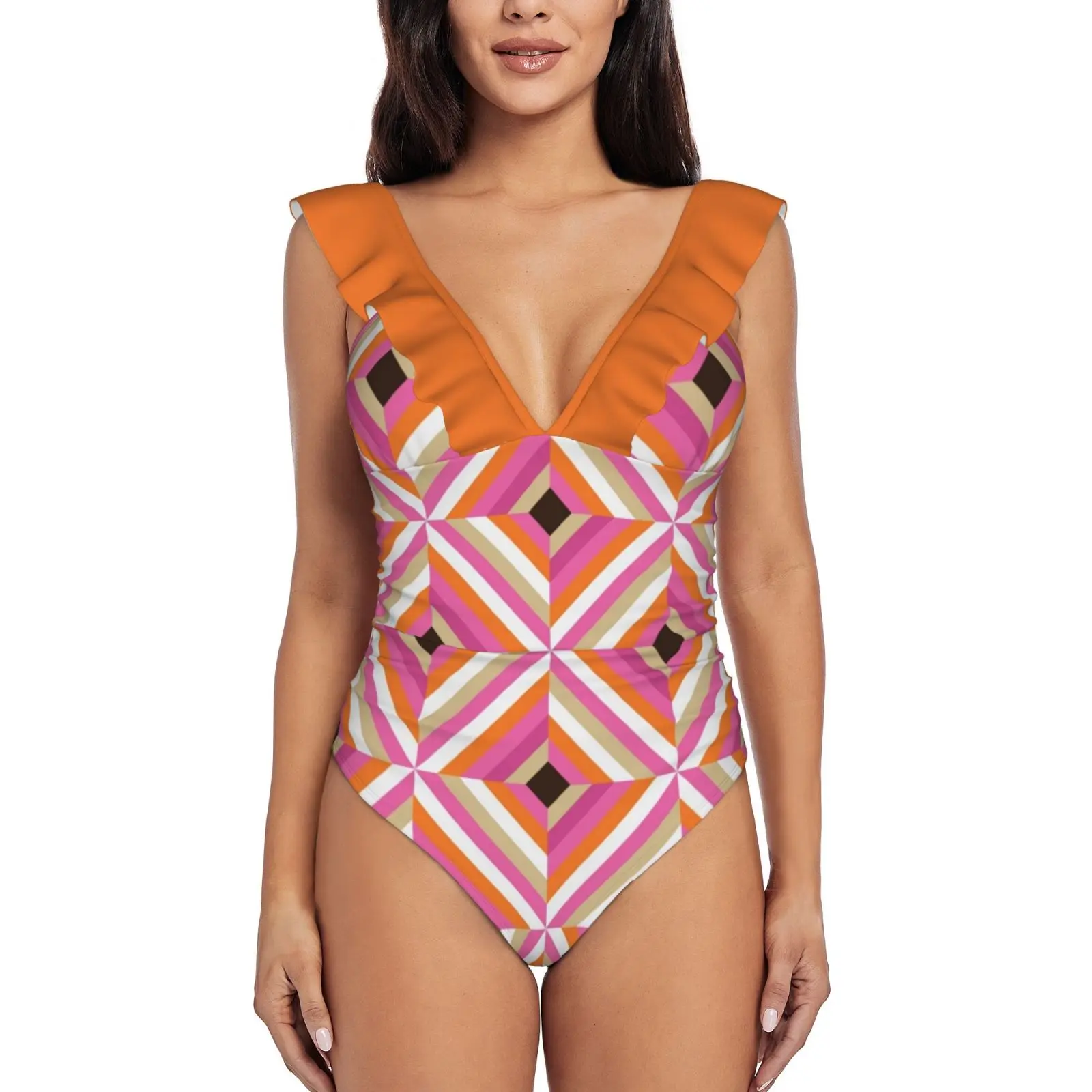 

Hip-Notic! Swinging 60S Mod Pattern Women'S Ruffle One Piece Swimsuit Bodysuit One Piece Swimwear Bathing Suit Beachwear