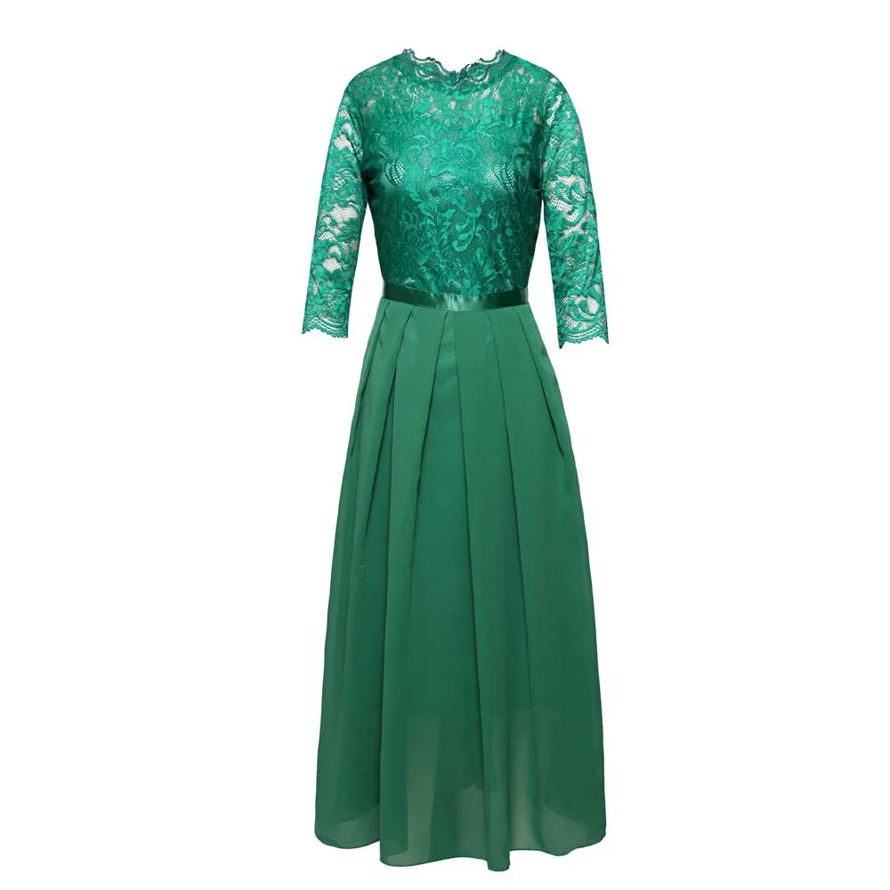 European Chiffon Patchwork Dress Crew Neck Lace Long Dress Evening Dress Women's 
European Chiffon Patchwork Dress Crew Neck Lace Long Dress Evening Dress Women's