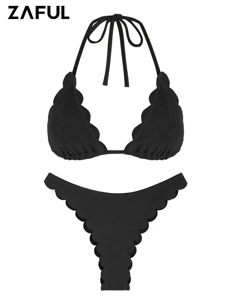

ZAFUL Swimsuit For Women Cheeky Halter Tied Triangle Bikini Set Two Piece Swimwear With Padded Tie Bikini Top Middle Waist