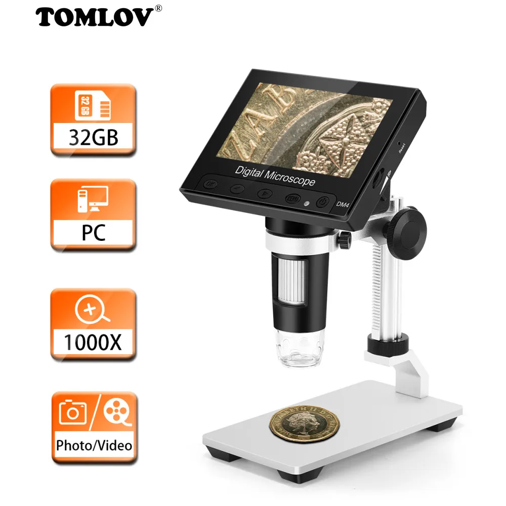 

TOMLOV DM4 4.3" Display Digital Electronic Microscope Endoscope Record 1000X Magnification Camera Lens 2.0MP 8 Adjustable LED