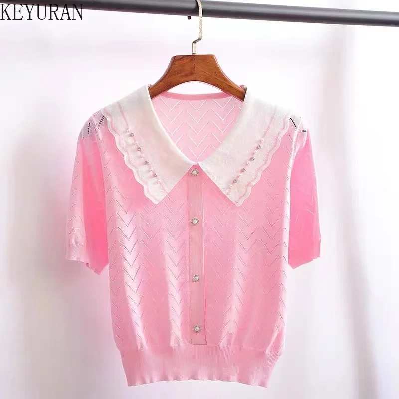 Korea Chic Summer Hollow Out Sweater Women Pullover Pink Lapel Thin Ice Silk Short-sleeved T-shirt Ladies Knitted Jumper Tops
Korea Chic Summer Hollow Out Sweater Women Pullover Pink Lapel Thin Ice Silk Short-sleeved T-shirt Ladies Knitted Jumper Tops