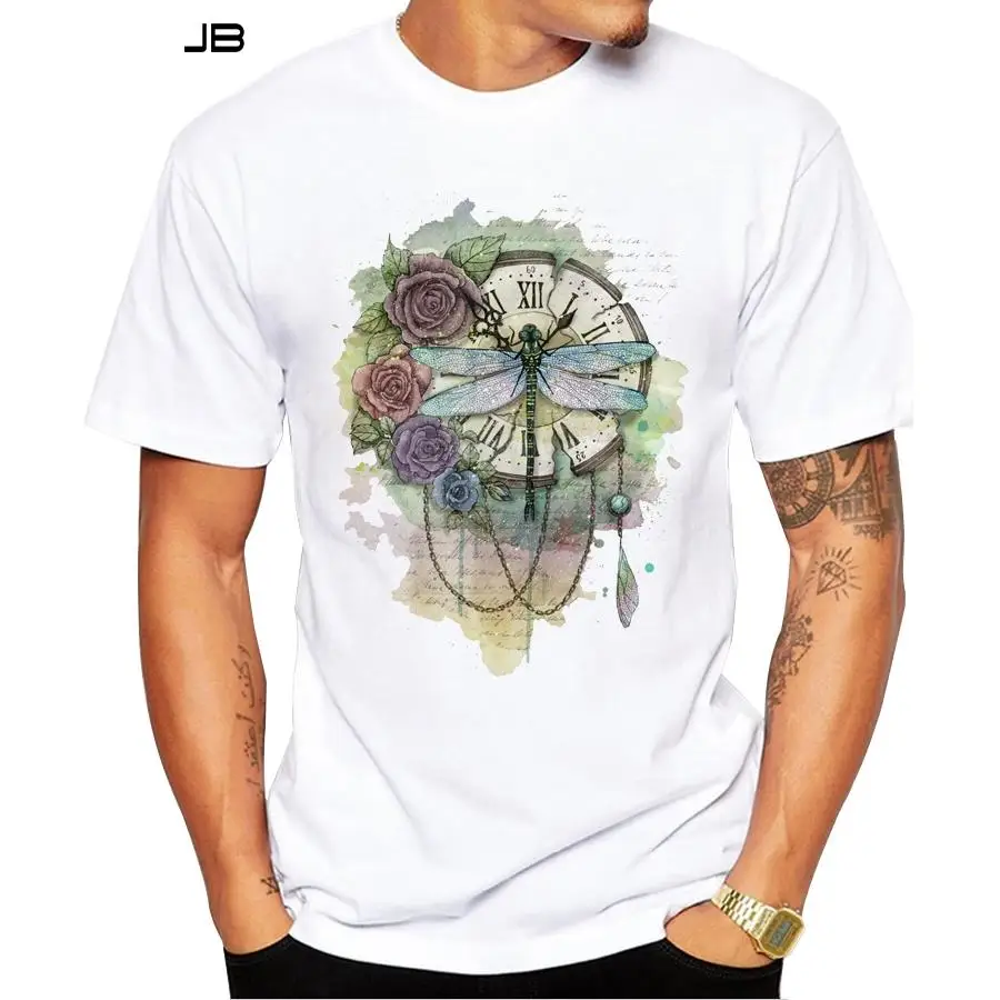 

Fashion Time Flies Retro Design Men T-Shirt Short Sleeve Casual Tops Vintage dragonfly On Clock Male T Shirts Funny Cool Tee