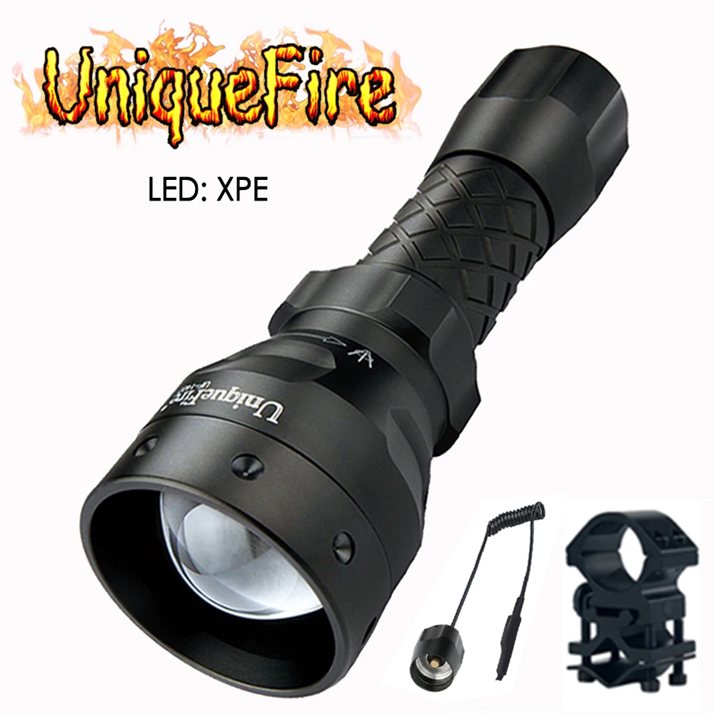 UniqueFire 1407-T38 XPE LED Flashlight Zoom Torch 3 Modes with Scope Mount, Remote Pressure Switch For Camping or Hunting
UniqueFire 1407-T38 XPE LED Flashlight Zoom Torch 3 Modes with Scope Mount, Remote Pressure Switch For Camping or Hunting