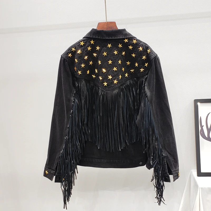 Spring Autumn New Pentagram Rivet Tassel Denim Jacket Women Fashion Single-breasted Short Jeans Coat Female Clothes Tide H007
Spring Autumn New Pentagram Rivet Tassel Denim Jacket Women Fashion Single-breasted Short Jeans Coat Female Clothes Tide H007
