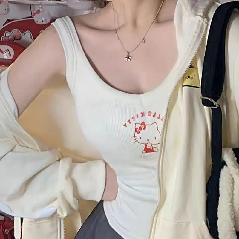 Женский топ-слинг Sanrio, черный/белый топ на бретельках с рисунком Hello Kitty, для девочек, подарок на день рождения 
Женский топ-слинг Sanrio, черный/белый топ на бретельках с рисунком Hello Kitty, для девочек, подарок на день рождения