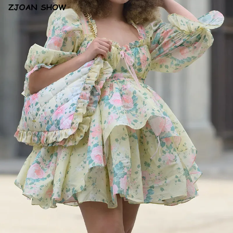 Princess Yellow Flower Print Bow Wood ears Square Collar Lantern Sleeve Dress Women Ruched Chest Ball Gown Swing Mini Robe Fairy
Princess Yellow Flower Print Bow Wood ears Square Collar Lantern Sleeve Dress Women Ruched Chest Ball Gown Swing Mini Robe Fairy