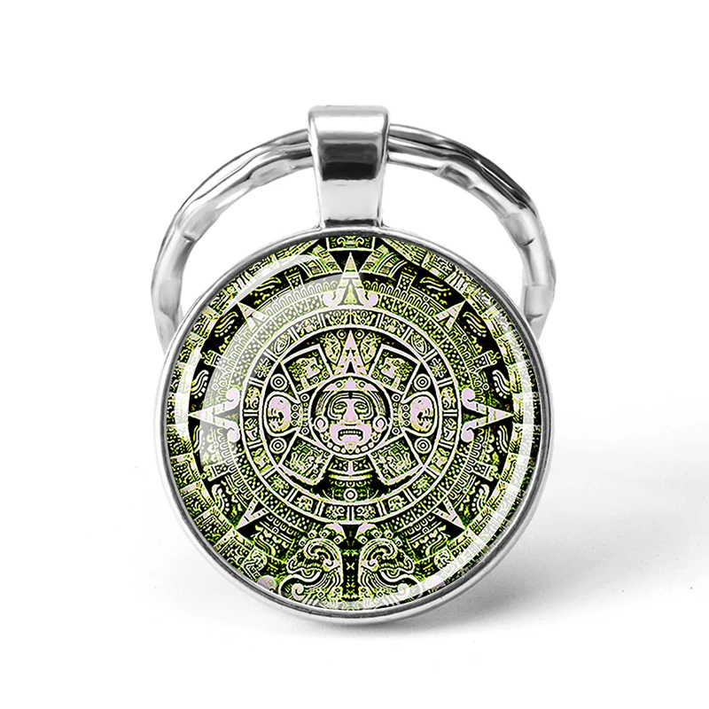 

Aztec Calendar Keychain Ancient Mexico Art Glass Cabochon Pendant Mayan Civilization Metal Key Chain