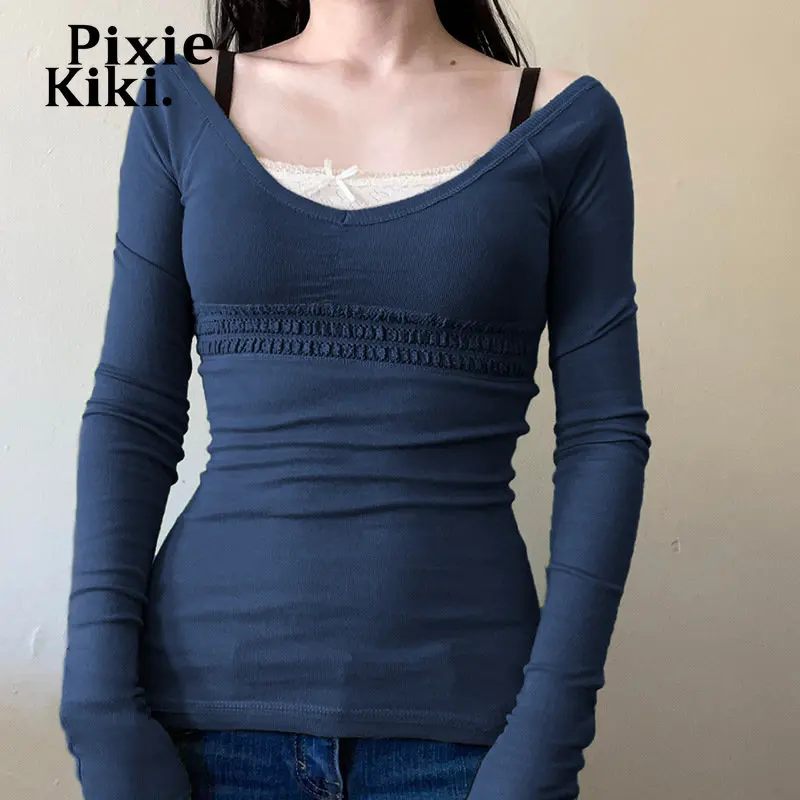 Приталенная рубашка PixieKiki Y2k, Винтажный кружевной лоскутный топ из двух частей, женская одежда, футболки с длинным рукавом, голубой цвет
Приталенная рубашка PixieKiki Y2k, Винтажный кружевной лоскутный топ из двух частей, женская одежда, футболки с длинным рукавом, голубой цвет