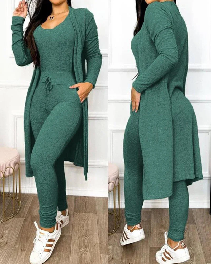 Women 2 Piece Set 2023 Autumn Fashion U-Neck Sleeveless Skinny Jumpsuit Female Casual Drawstring Pocket Long Sleeve Coat Outfit 
Women 2 Piece Set 2023 Autumn Fashion U-Neck Sleeveless Skinny Jumpsuit Female Casual Drawstring Pocket Long Sleeve Coat Outfit