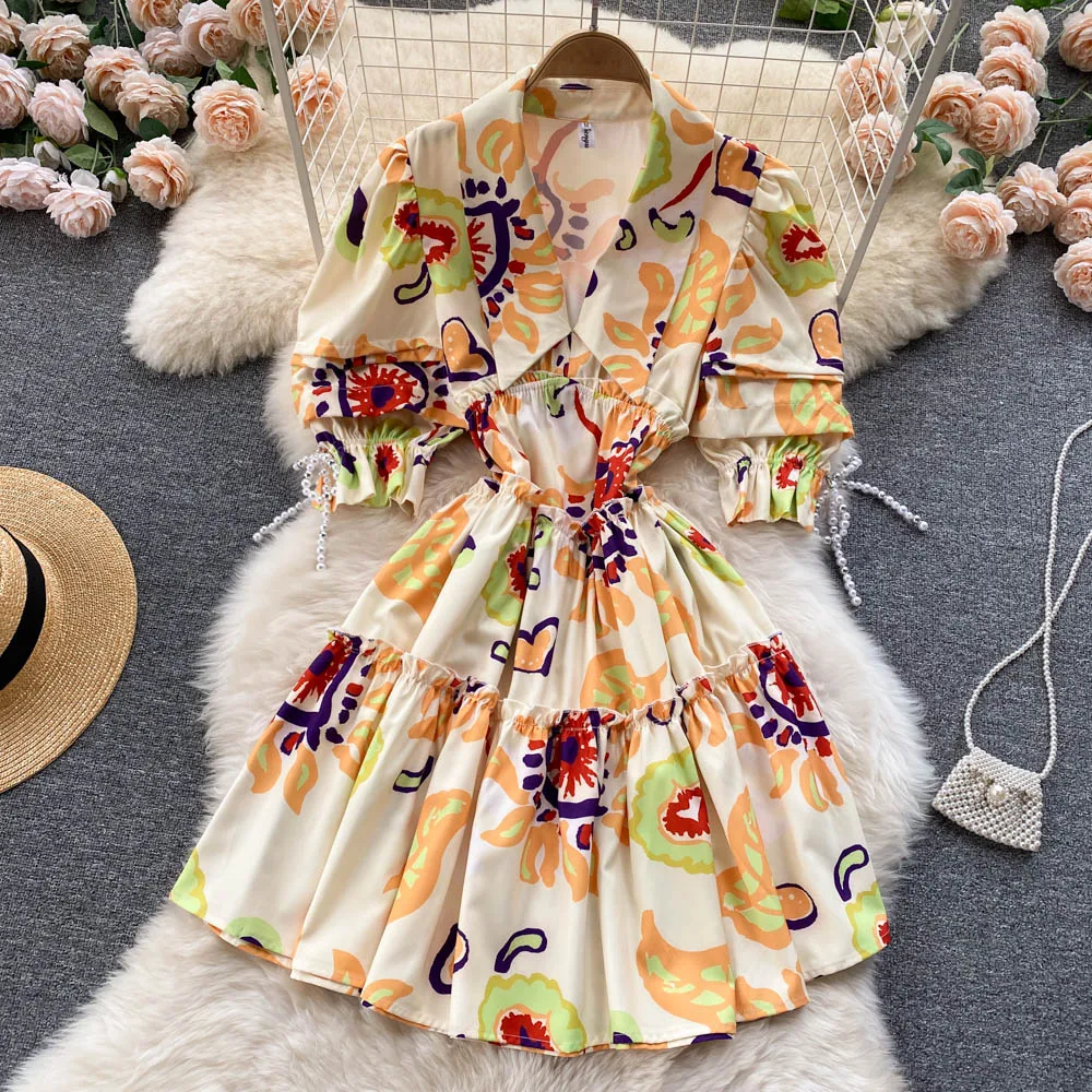 French Retro Print Nail Bead Bubble Sleeve Feminine Lapel Waist Closing Design Sense Short Dresses
French Retro Print Nail Bead Bubble Sleeve Feminine Lapel Waist Closing Design Sense Short Dresses