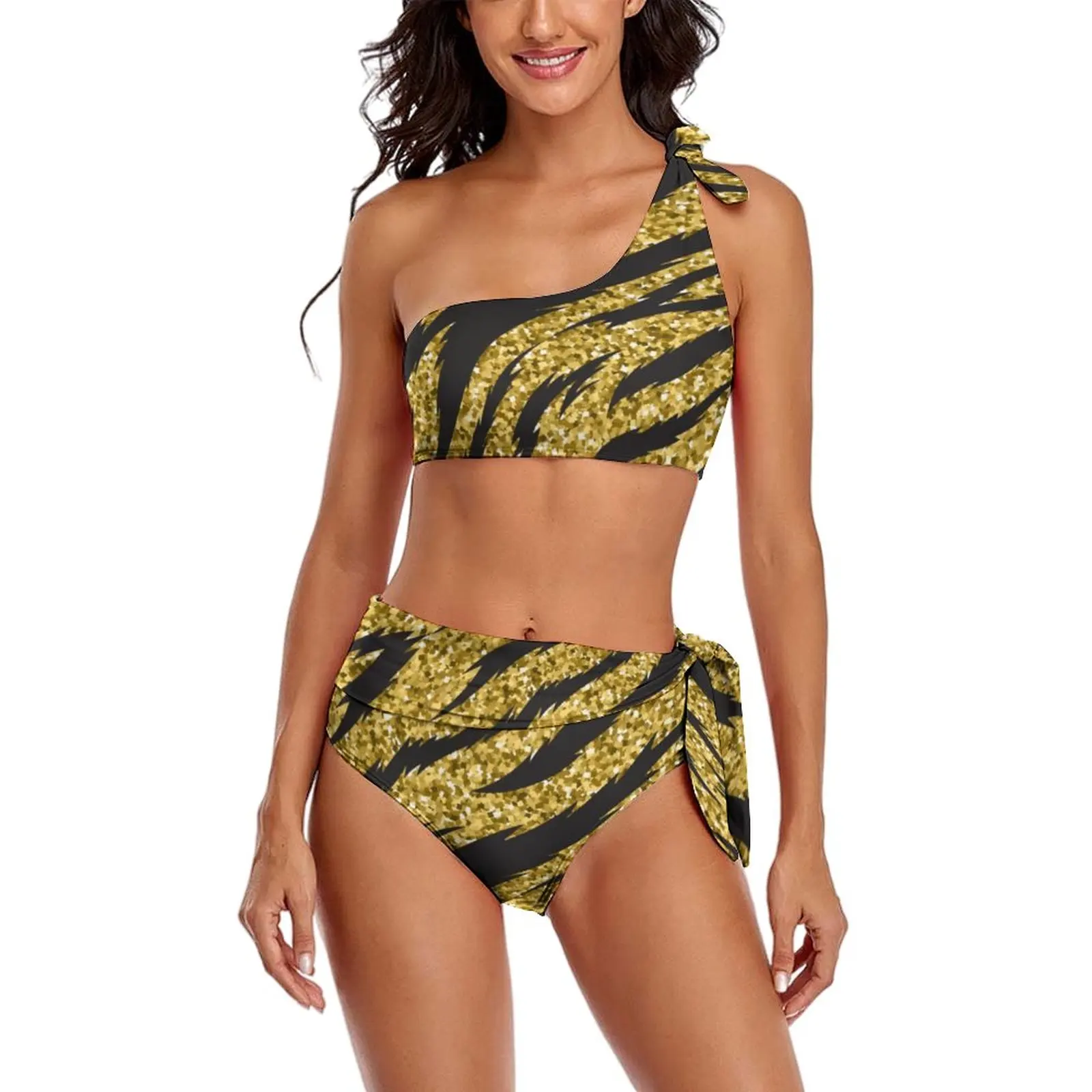 

Sexy Tiger Skin Pattern Bikini Set Golden Stripes Print Bikini Swimsuit High Waist Swimwear Surfing Graphic Swimsuits Beach Wear