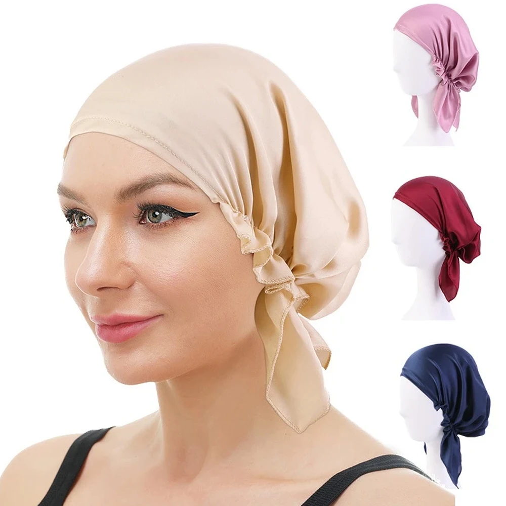 

New Muslim Women Satin Pre-Tied Turban Strech Hat Headscarf Bandanas Headwear Hair Loss Cancer Chemo Cap Nightcap Hijab Cover