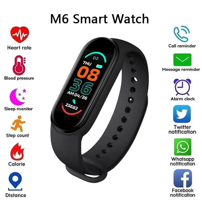Smart Watch M6 Men's and Women's Fitness Heart Rate Blood Pressure Monitoring Bracelet Message Push Music Control Digital Watch
Smart Watch M6 Men's and Women's Fitness Heart Rate Blood Pressure Monitoring Bracelet Message Push Music Control Digital Watch