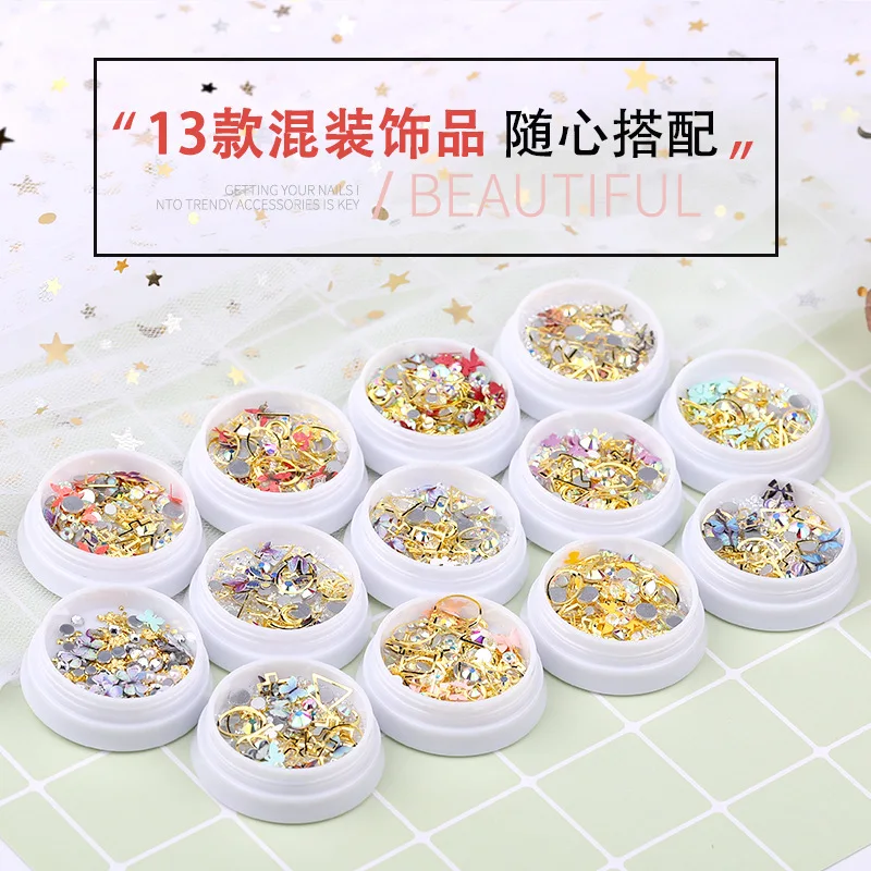 

1Box Art Accessories 3D Metal Hollow Rivet Rhinestone Butterfly Pearl Gems Decoration Mixed Set Nail Supplies for Professionals
