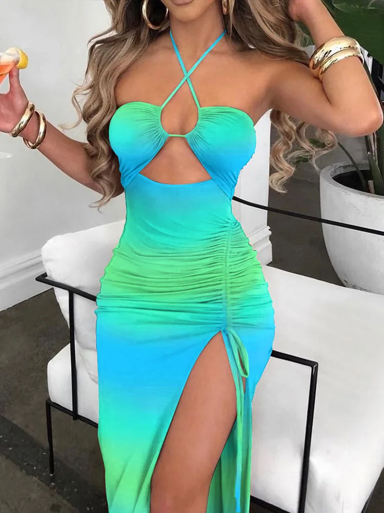 

Sexy Criss-cross Strapless Club Party Dress Women Spring Tie-dye Print Side Drawstring Bodycon Dress Summer Hollow Slit Dresses