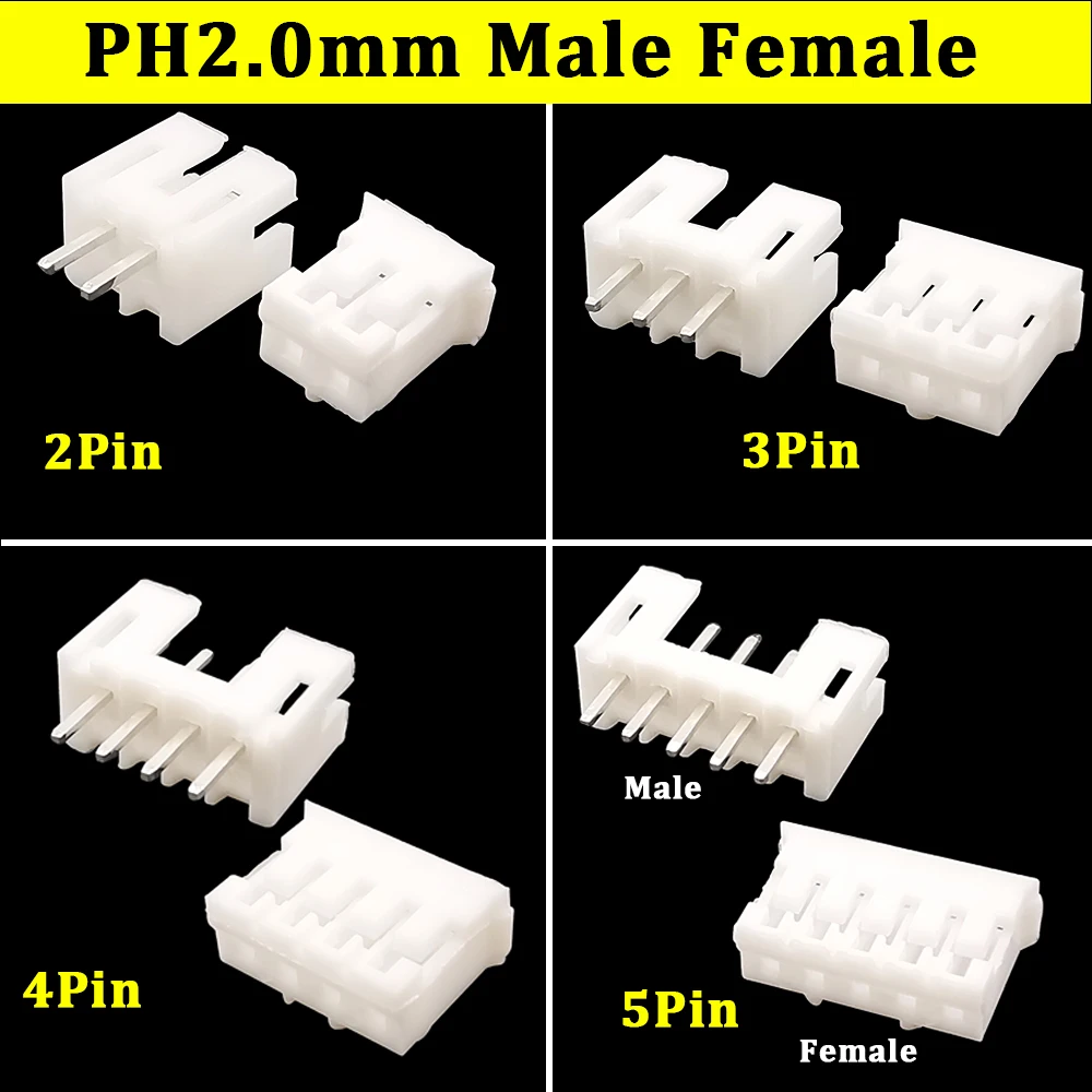 100Pcs JST PH2.0 2/3/4/5 Pin Plastic Shell Male Plug Female Socket Wire Terminals Pitch 2.0 Housing Straight Pin 2mm Connectors
100Pcs JST PH2.0 2/3/4/5 Pin Plastic Shell Male Plug Female Socket Wire Terminals Pitch 2.0 Housing Straight Pin 2mm Connectors