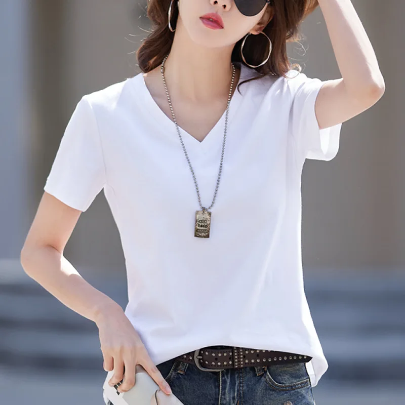 V-neck Short Sleeve Loose Straight Tops Summer 100% Mercerized Cotton Women Silk T-shirts Simple Casual Tees for Minimalist
V-neck Short Sleeve Loose Straight Tops Summer 100% Mercerized Cotton Women Silk T-shirts Simple Casual Tees for Minimalist