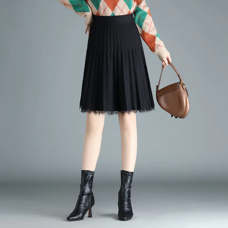 Winter Fashion Black Lace Spliced Knitting Knee-length Pleated Skirt Women Elegant Elastic High Waist Slim Casual Skirts 2223
Winter Fashion Black Lace Spliced Knitting Knee-length Pleated Skirt Women Elegant Elastic High Waist Slim Casual Skirts 2223