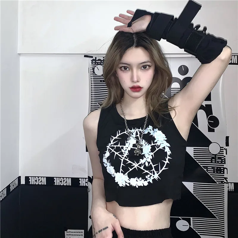 Y2k Girl Floral Thorns Star Print Street Crop Top Female O Neck Gothic Style Short Length Tank Tops Dark Goth Mujer Summer Wear
Y2k Girl Floral Thorns Star Print Street Crop Top Female O Neck Gothic Style Short Length Tank Tops Dark Goth Mujer Summer Wear