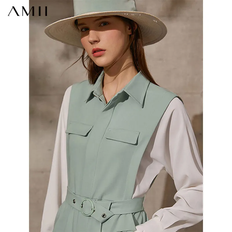 

Amii Minimalism Summer New Offical Lady Women's Dress Causal Lapel Patchwork Belt Dress For Women 12130095