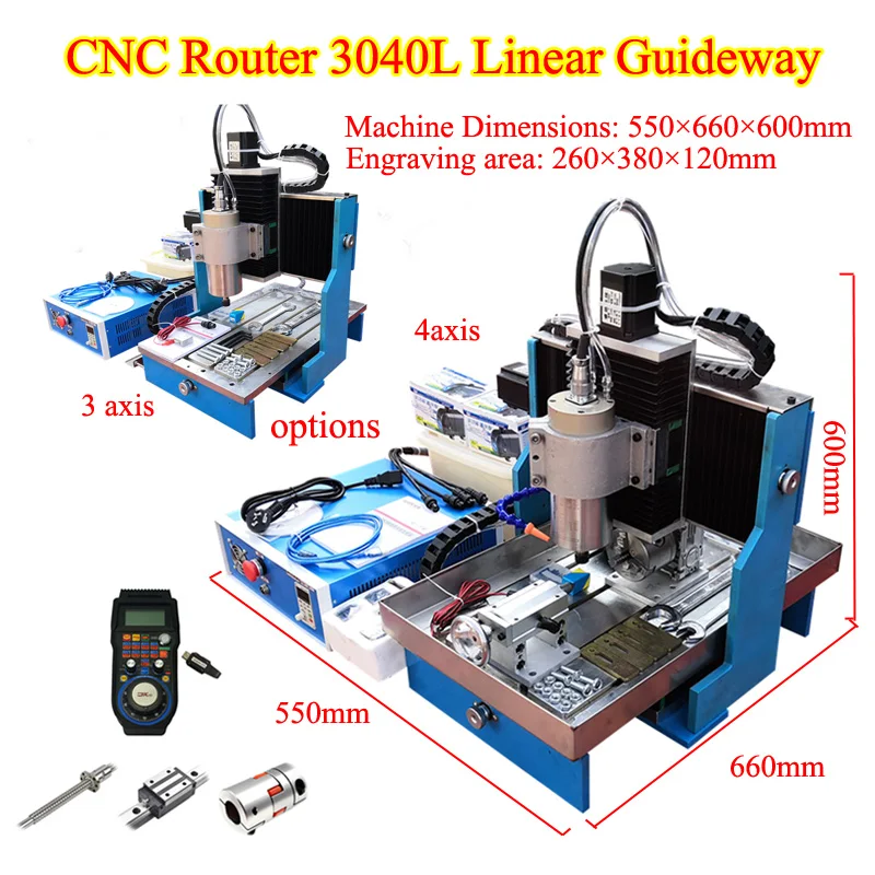 

LY CNC Router 3040L 3/4Axis Linear Guideway Engraving Milling Machine Steel Table USB LPT Port for DIY Metal Working 1.5KW 2.2KW