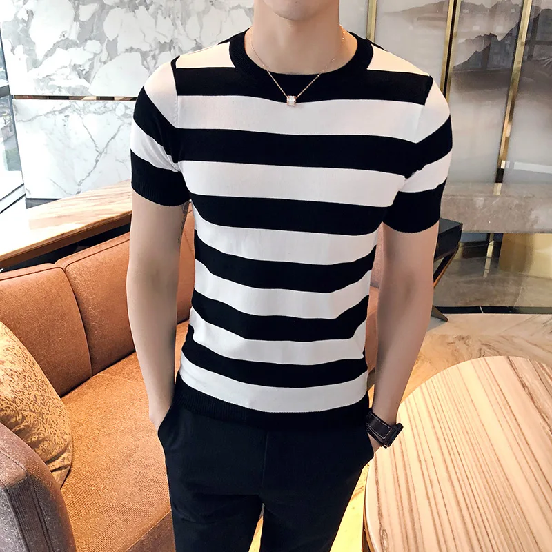 

2022 Summer Men Knitted New Short Sleeves Top Contrast Color Striped O-neck Pullover T Shirt Mens Slim Fit Knitted Tees R31