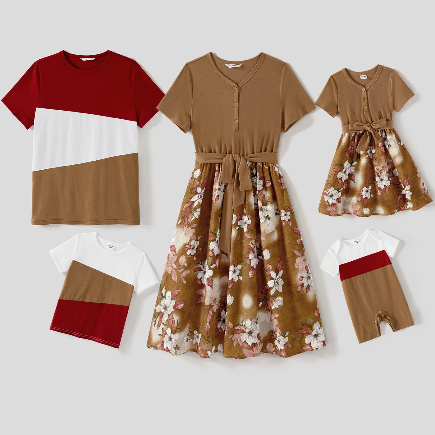 

PatPat Family Matching Solid Spliced Floral Print Belted Dresses and Short-sleeve Colorblock T-shirts Sets