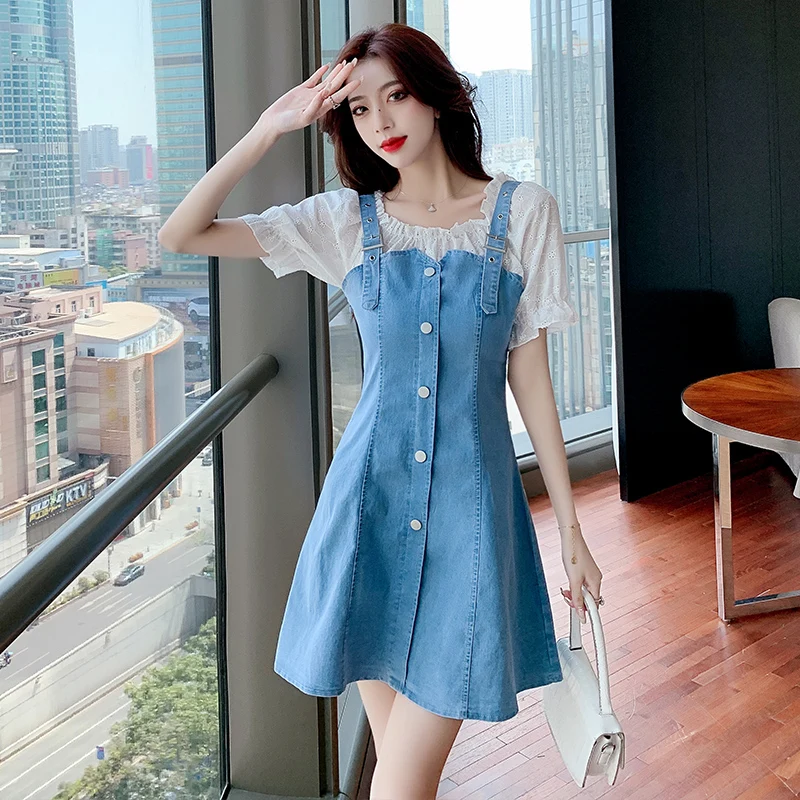 Summer Short Sleeve Dress 2022 New Temperament Slim Waist Fake Two-Pieces Off Shoulder Slash Neck Puff Sleeve Denim Dresses
Summer Short Sleeve Dress 2022 New Temperament Slim Waist Fake Two-Pieces Off Shoulder Slash Neck Puff Sleeve Denim Dresses