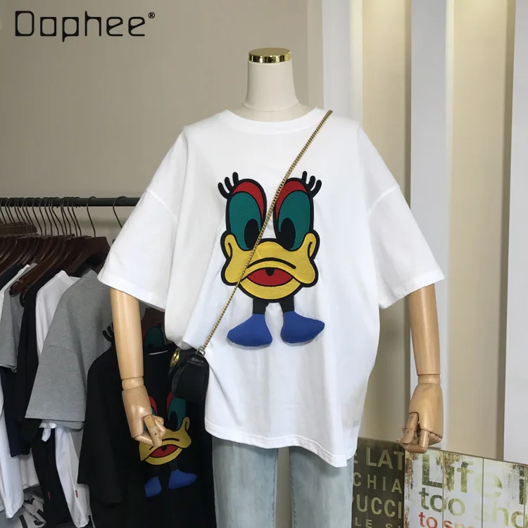 Cartoon Embroidery Pattern Three-Dimensional Decoration Loose Round Neck Short Sleeve Tshirt Female Summer New Cotton Tee Tops
Cartoon Embroidery Pattern Three-Dimensional Decoration Loose Round Neck Short Sleeve Tshirt Female Summer New Cotton Tee Tops