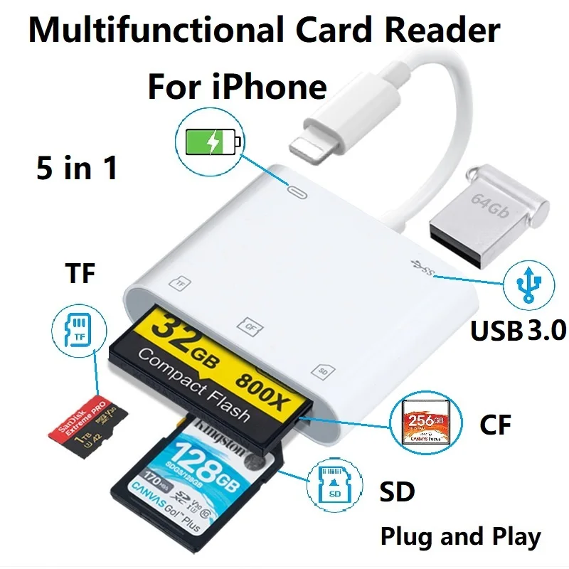 Lightning to CF SD Card Reader for iPhone iPad Memory Card Reader OTG Adapter for SD/TF/CF Card Camera Viewer with Charging Port
Lightning to CF SD Card Reader for iPhone iPad Memory Card Reader OTG Adapter for SD/TF/CF Card Camera Viewer with Charging Port