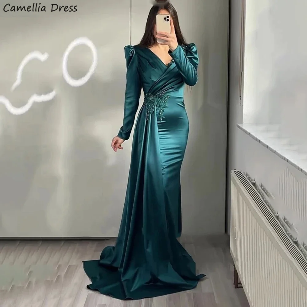 Elegant Long Sleeve Evening Dress Emerald Green Elegant Mermaid Satin Women Formal Party Evening Gown Robe De Soirée فستان سهرة
Elegant Long Sleeve Evening Dress Emerald Green Elegant Mermaid Satin Women Formal Party Evening Gown Robe De Soirée فستان سهرة