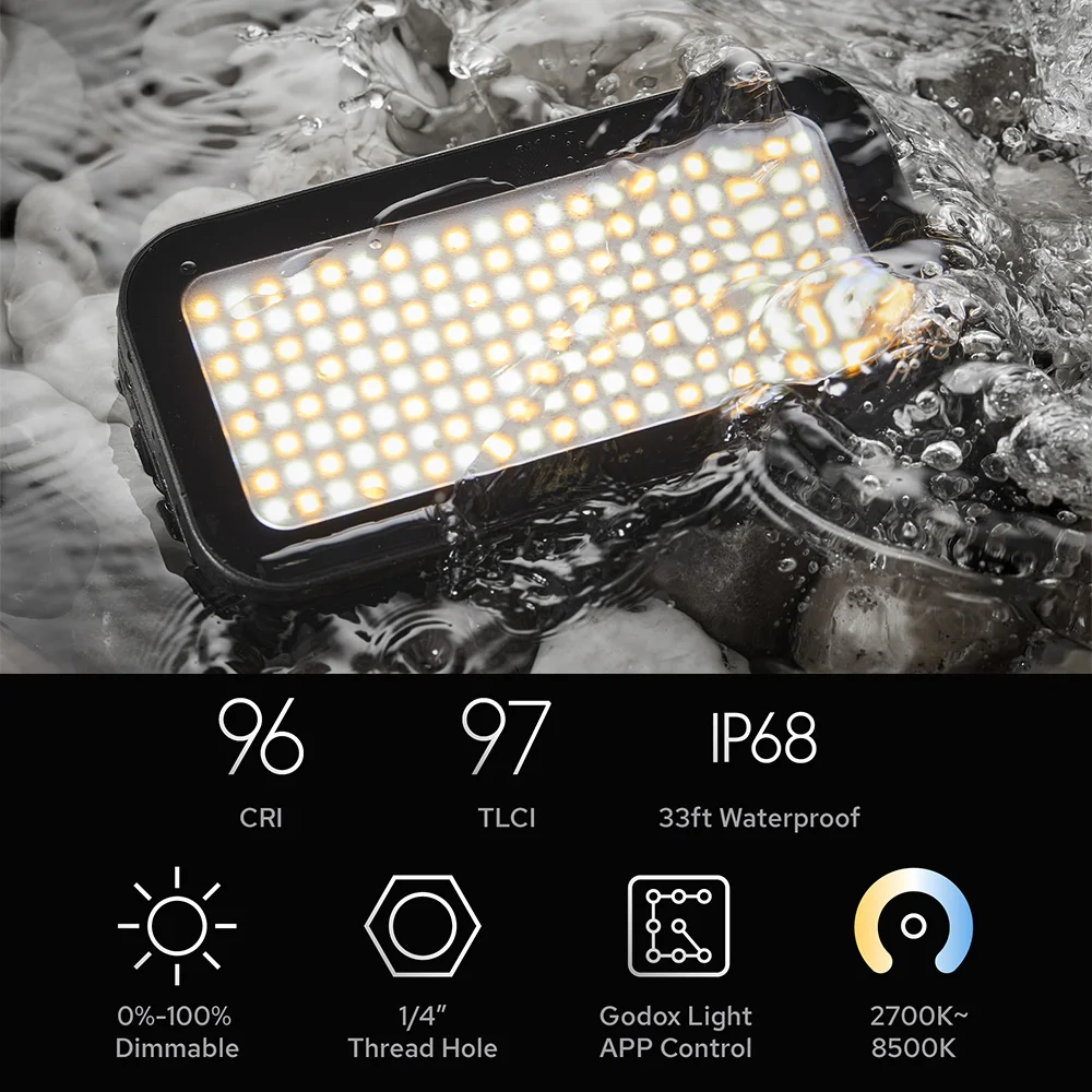 Godox WL8P LED Video Light Photography Fill Light IP68 Waterproof 2700K-8500K Dimmable CRI96+ for Underwater Video Recording
Godox WL8P LED Video Light Photography Fill Light IP68 Waterproof 2700K-8500K Dimmable CRI96+ for Underwater Video Recording
