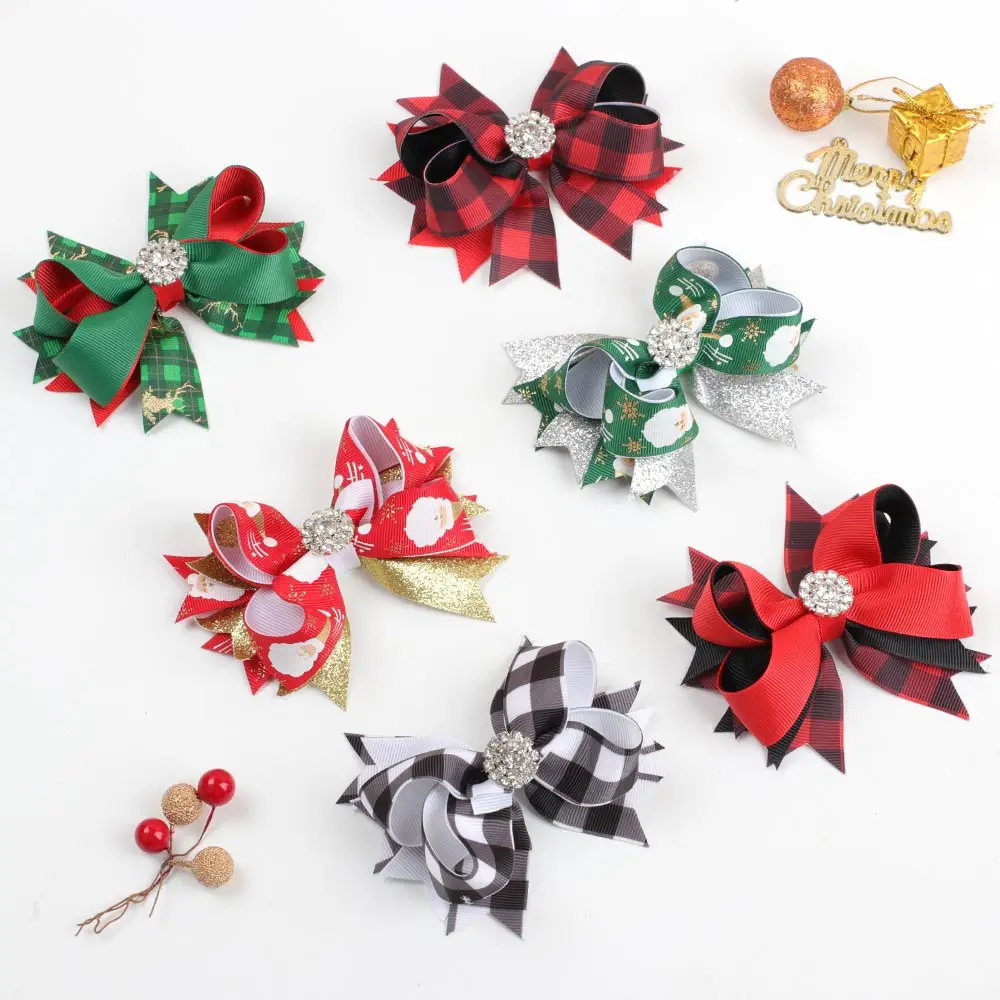 

2023 Boutique Festival Bow with Crystal Center Hair Clips Gifts Plaid Layered Christmas Hair Bows for Kids Girls