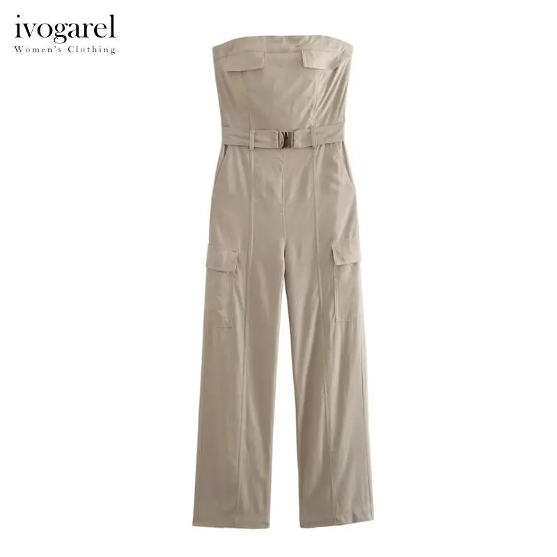 

Ivogarel Loose Linen Blend Cargo Jumpsuit Women's Elegant and Casual Overalls with Straight Neckline Belt Detail Traf Chic Style