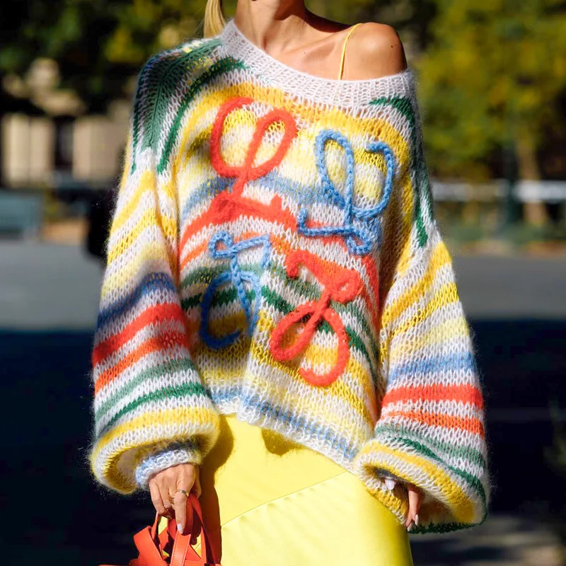 Woman Long Sleeve sweater Rainbow Color Stripes O Neck pullover Knitted Loose sweater S-L
Woman Long Sleeve sweater Rainbow Color Stripes O Neck pullover Knitted Loose sweater S-L