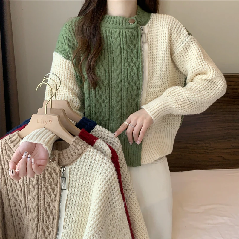 DAYIFUN O Neck Sweater Cardigans Women Color Contrast Zipper Irregular Splicing Sweaters Autumn Winter Korean Short Knit Tops
DAYIFUN O Neck Sweater Cardigans Women Color Contrast Zipper Irregular Splicing Sweaters Autumn Winter Korean Short Knit Tops