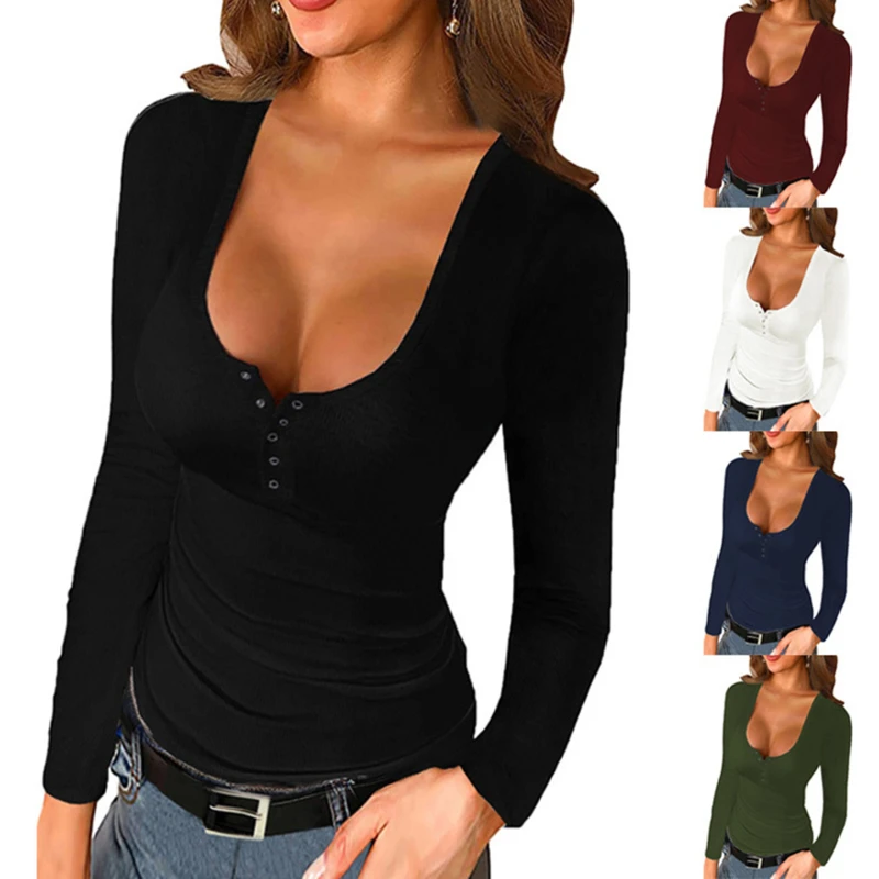 Sexy Women Deep V Neck Slim T-shirts Top Long Sleeve Female Fashion Casual Button Spring And Summer Basic Tee Tops 5 Colors
Sexy Women Deep V Neck Slim T-shirts Top Long Sleeve Female Fashion Casual Button Spring And Summer Basic Tee Tops 5 Colors
