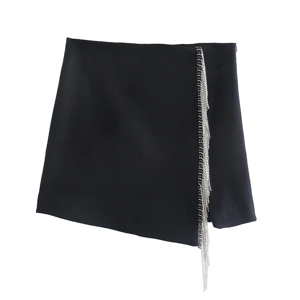 

ZATRHMBM Female Clothing The New Faux Gem Fringe A-shaped Mini Skirt Vintage Side Zipper High-Waisted Summer Skirts 2022