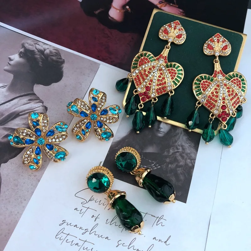 

Real gold plating western medieval court wind vintage green blue coloured glaze gem vintage silver earrings